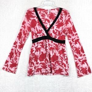 VTG Y2K Babydoll Sheer Mesh Floral Top Womens L Red Pink Going Out Festival BoHo